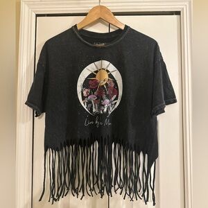 Fifth Sun Black Crop Top with Fringe and Graphic Design